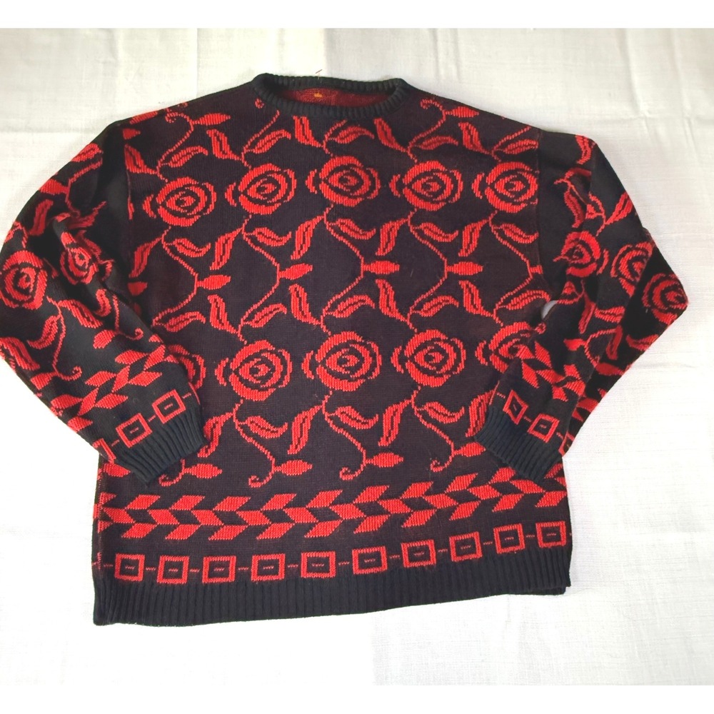 Vintage Black‎ Red Rose Sweater Medium 80s 90s Romantic Goth Knit